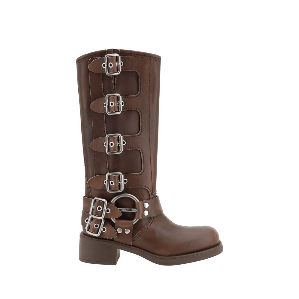 Miu Miu Distressed Buckle-Up Mid-Calf Leather Boots - Dark Brown