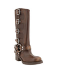 Miu Miu Distressed Buckle-Up Mid-Calf Leather Boots - Dark Brown
