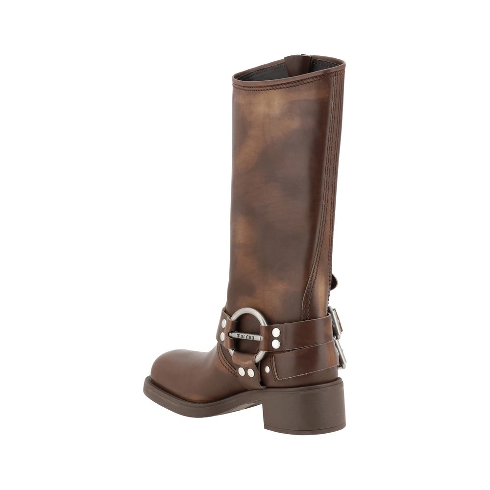 Miu Miu Distressed Buckle-Up Mid-Calf Leather Boots - Dark Brown