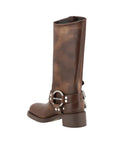 Miu Miu Distressed Buckle-Up Mid-Calf Leather Boots - Dark Brown