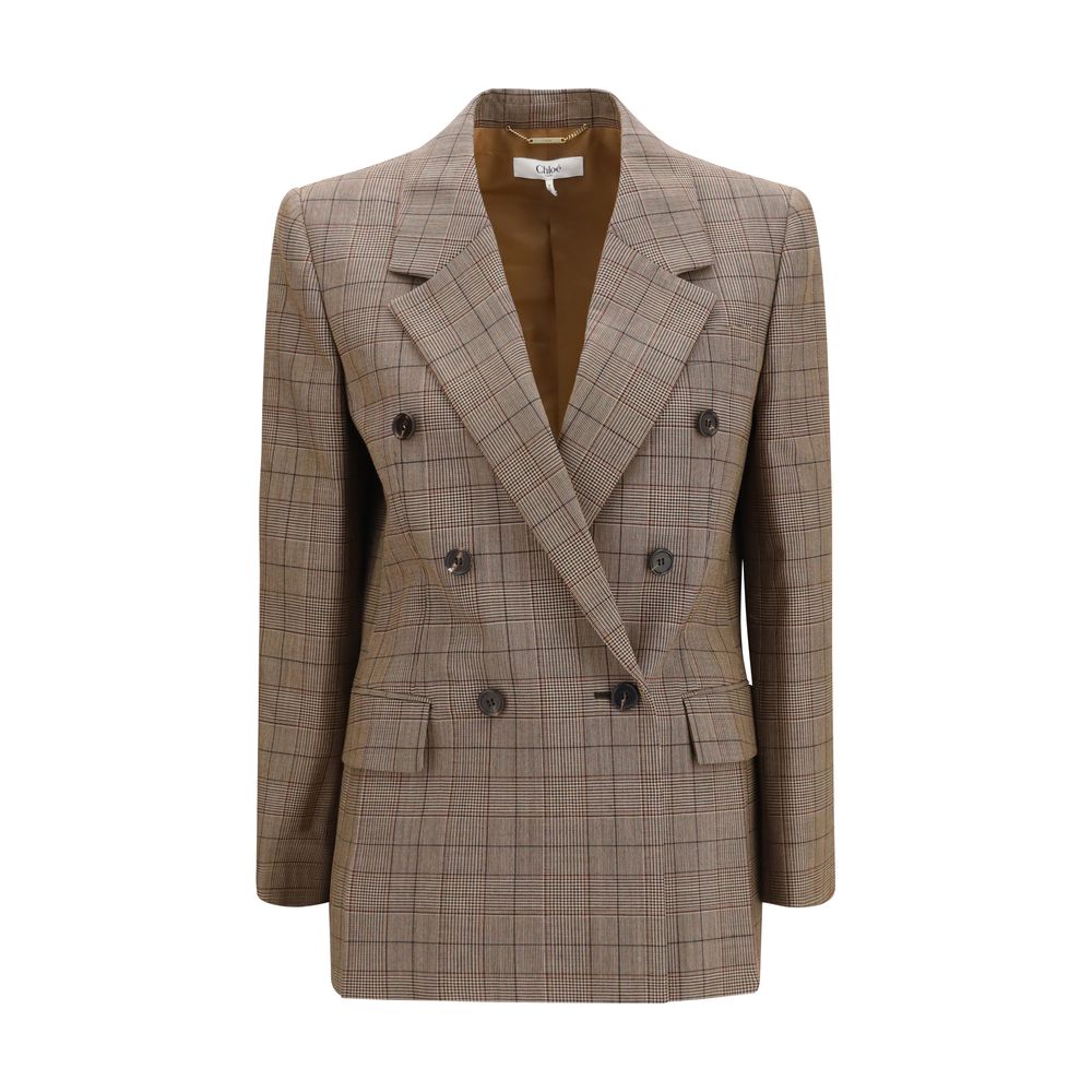 Chloé Wool Checkered Double-Breasted Blazer - Taupe Brown