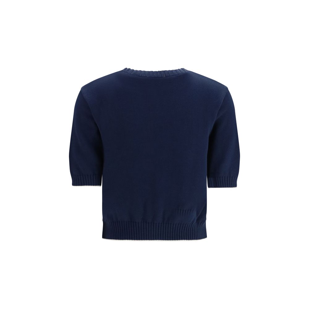 Max Mara Embroidered Short Sleeve Cotton Knit Top - Blue
