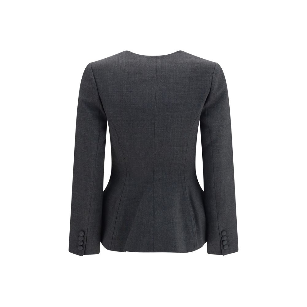 Self-Portrait Pearl Button Collarless Wool Blazer - Gray/Grey