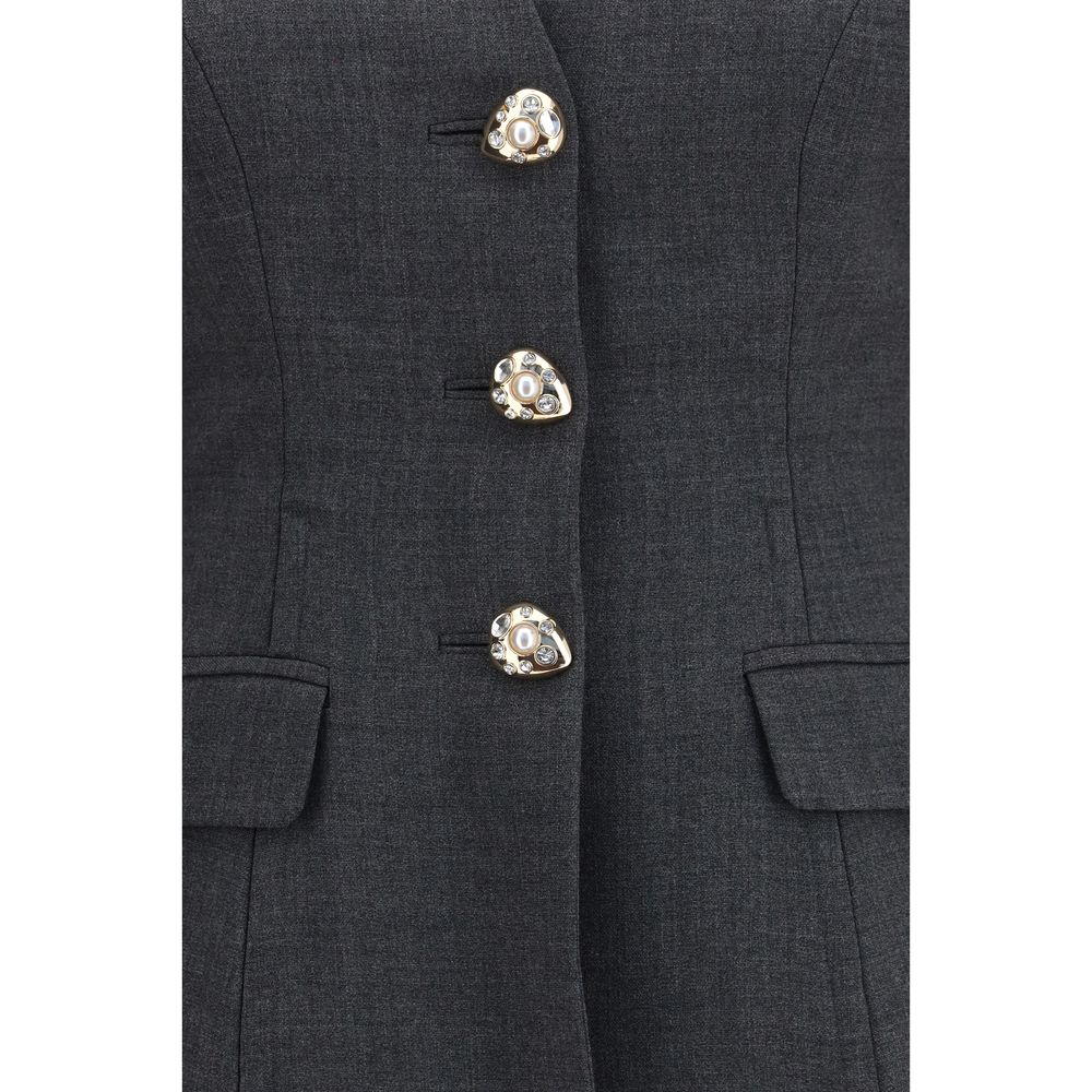 Self-Portrait Pearl Button Collarless Wool Blazer - Gray/Grey