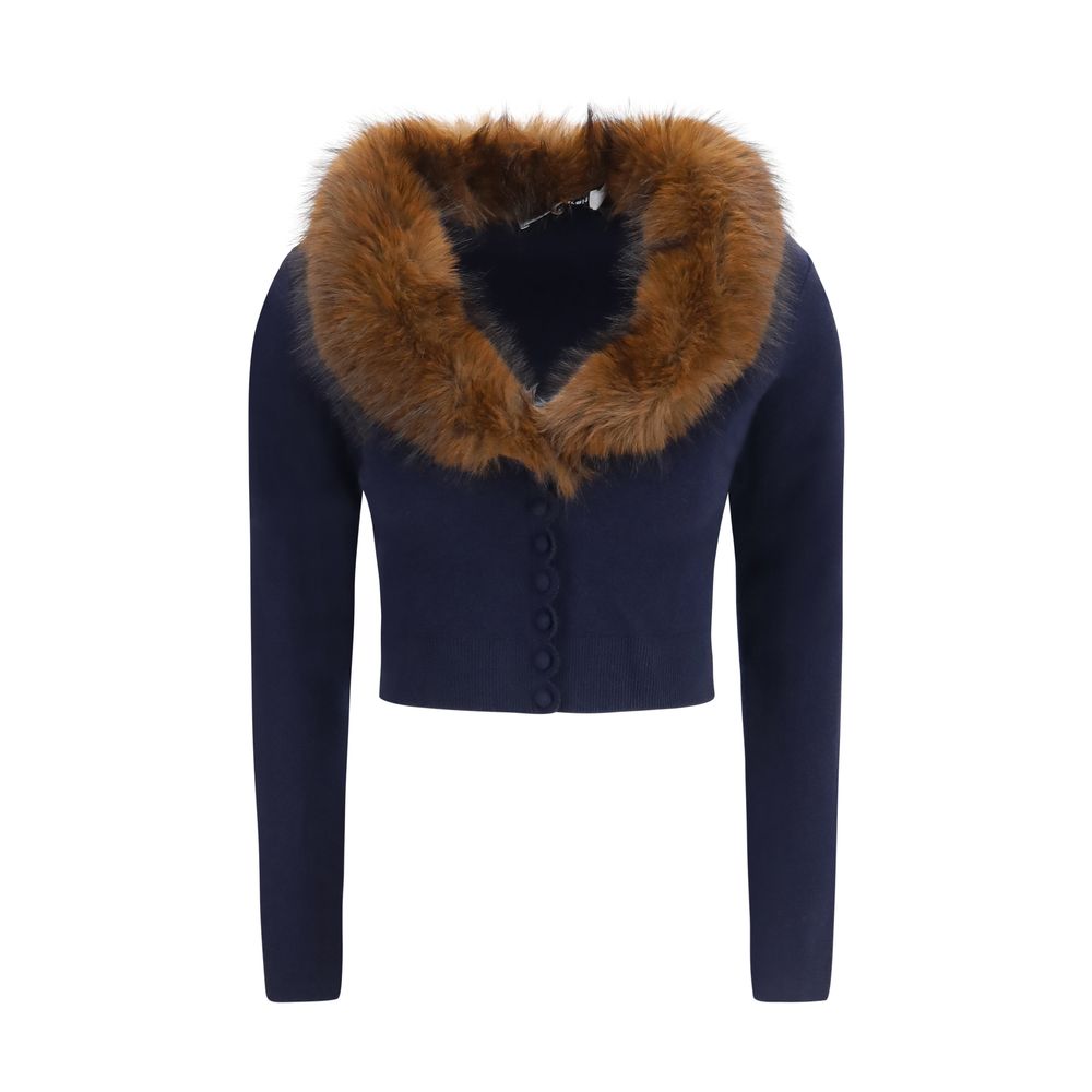 Self-Portrait Wool-Cashmere Faux Fur Collar Cardigan - Deep Blue