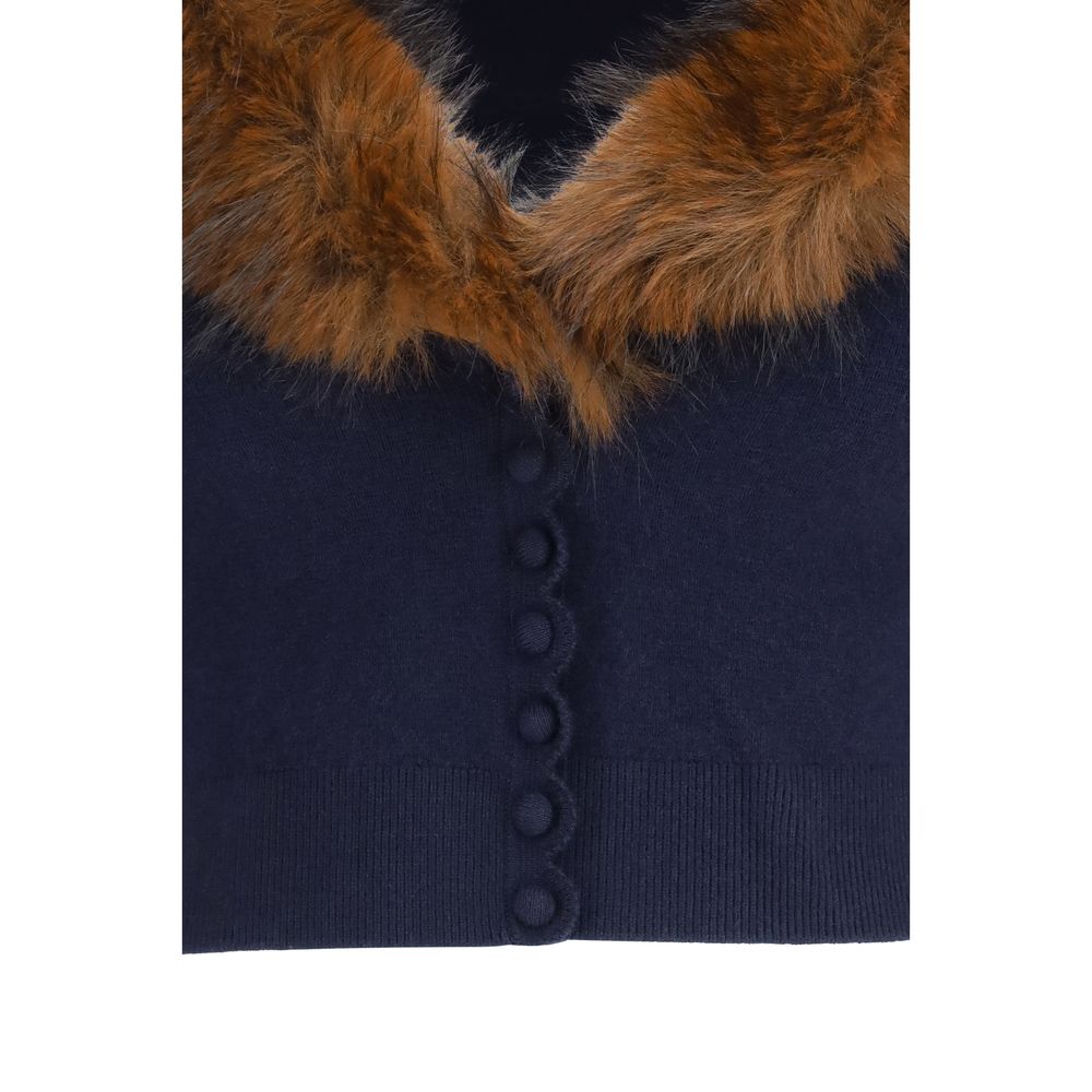 Self-Portrait Wool-Cashmere Faux Fur Collar Cardigan - Deep Blue