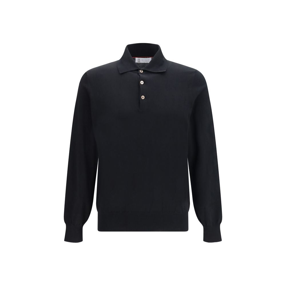 Brunello Cucinelli Long Sleeve Cotton Polo Top - Black
