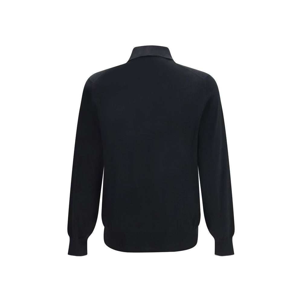 Brunello Cucinelli Long Sleeve Cotton Polo Top - Black