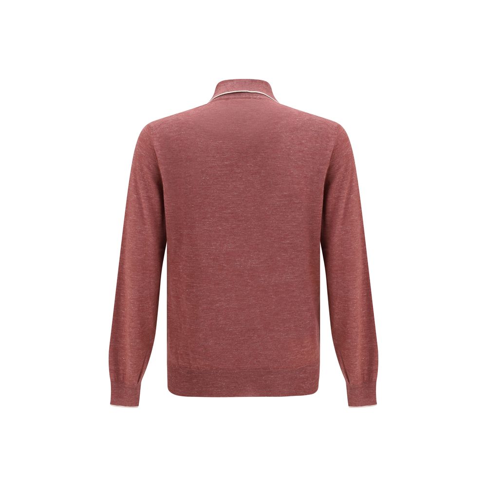 Brunello Cucinelli Silk-Cashmere Long Sleeve Polo Top - Vintage Red