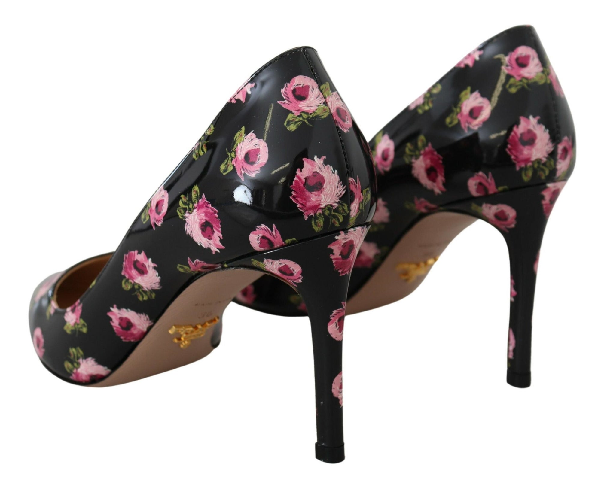 Prada Black Leather Floral Print Stiletto Heel Pumps