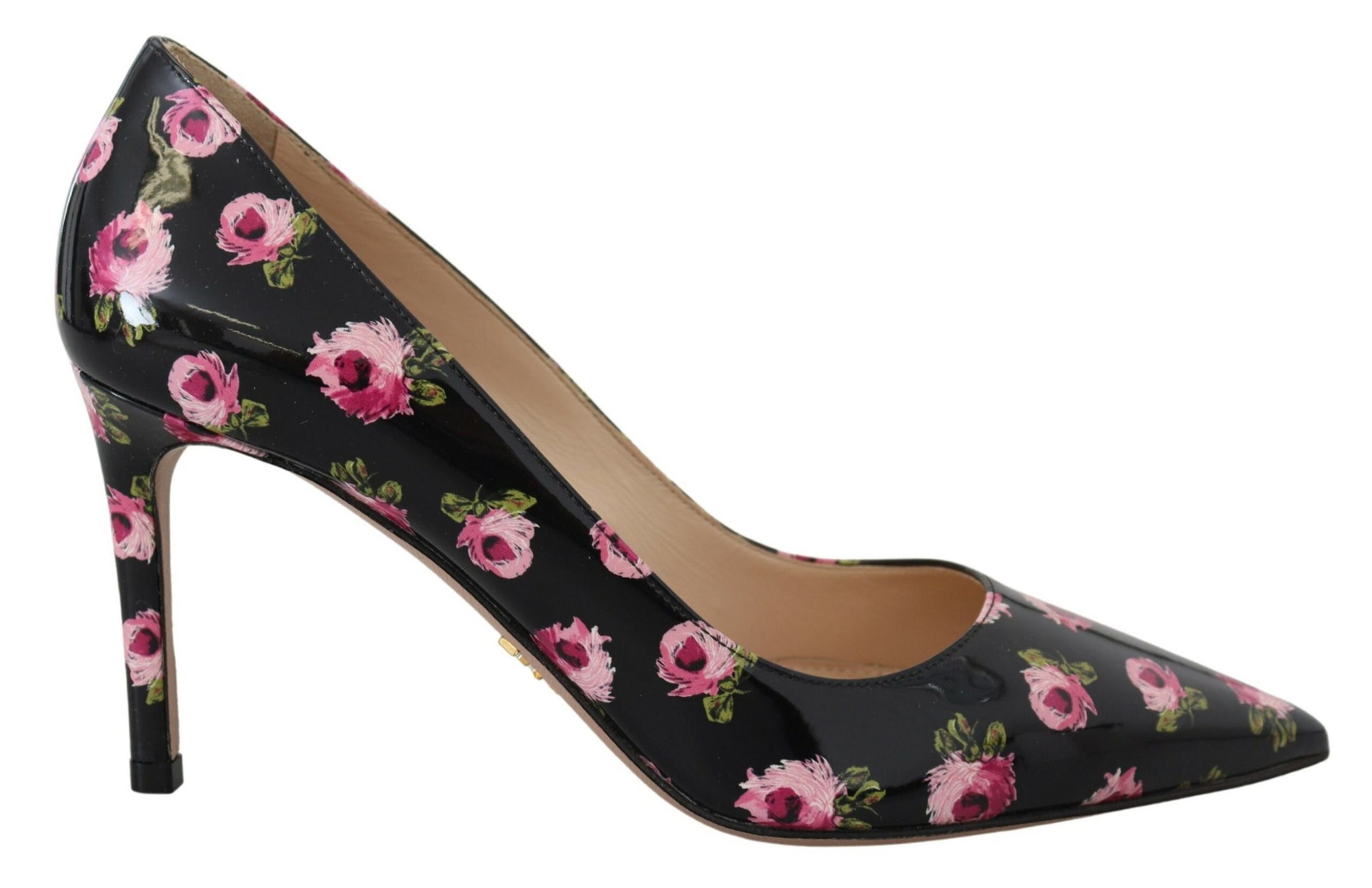 Prada Black Leather Floral Print Stiletto Heel Pumps