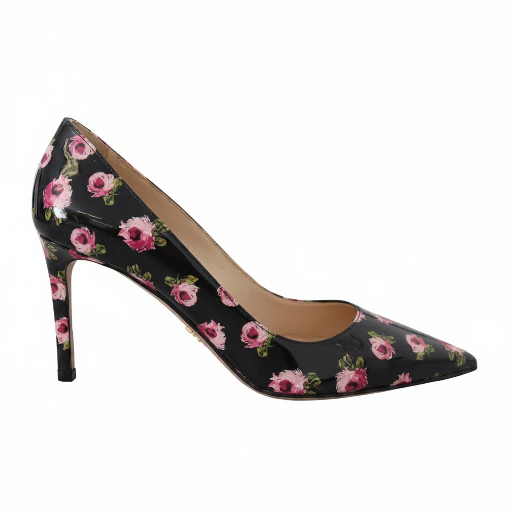 Prada Black Leather Floral Print Stiletto Heel Pumps