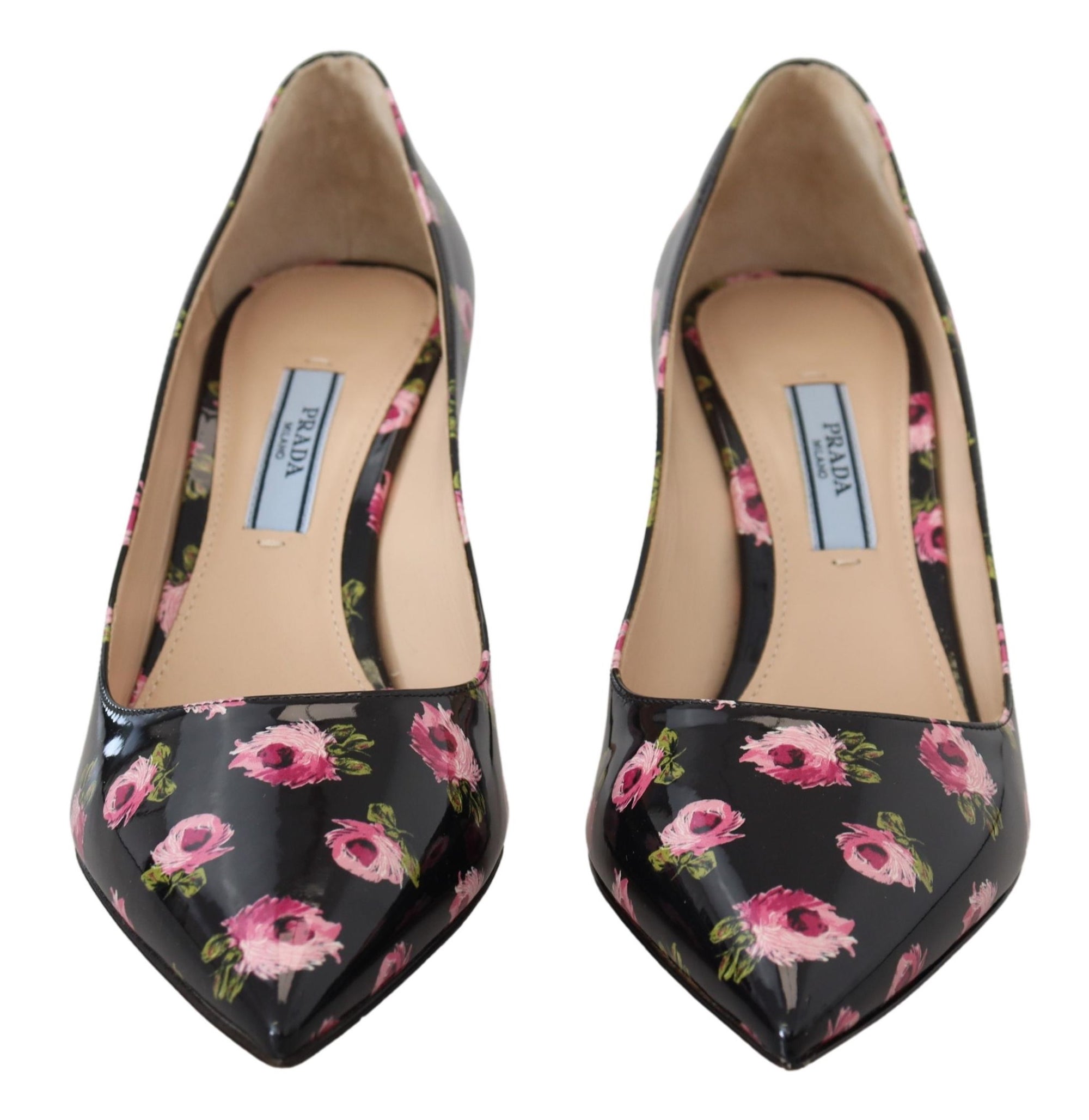 Prada Black Leather Floral Print Stiletto Heel Pumps