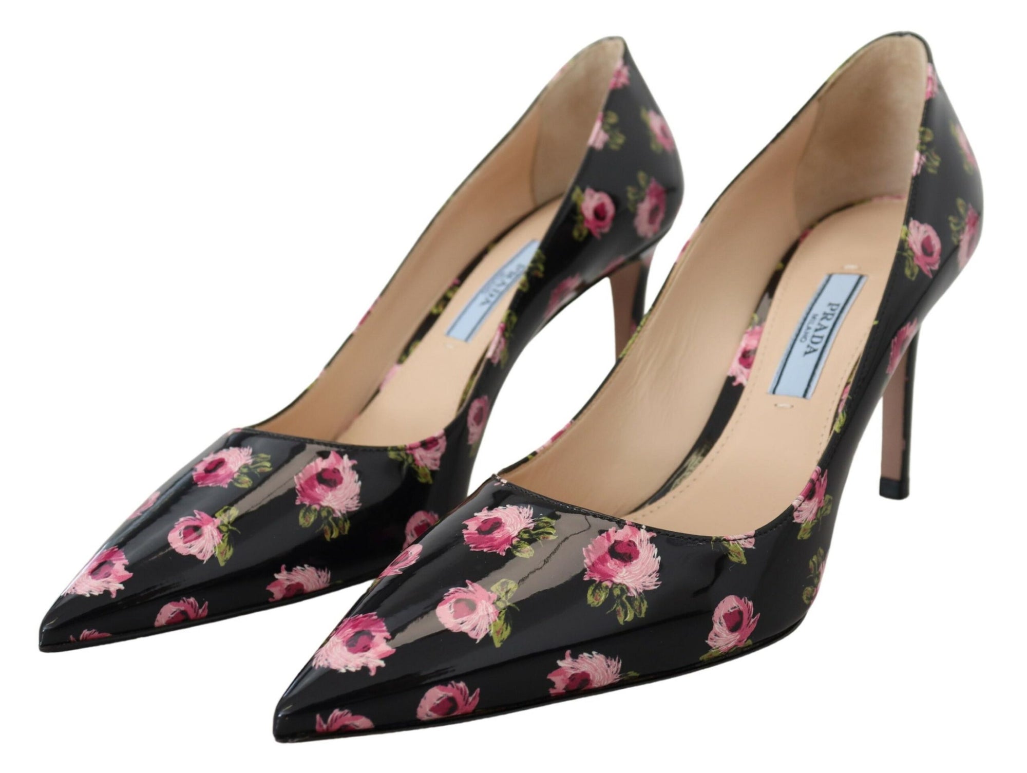 Prada Black Leather Floral Print Stiletto Heel Pumps