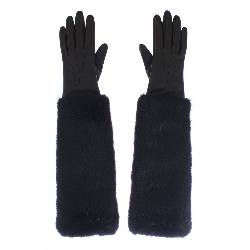 Dolce & Gabbana Leather & Fur Long Gloves - Black