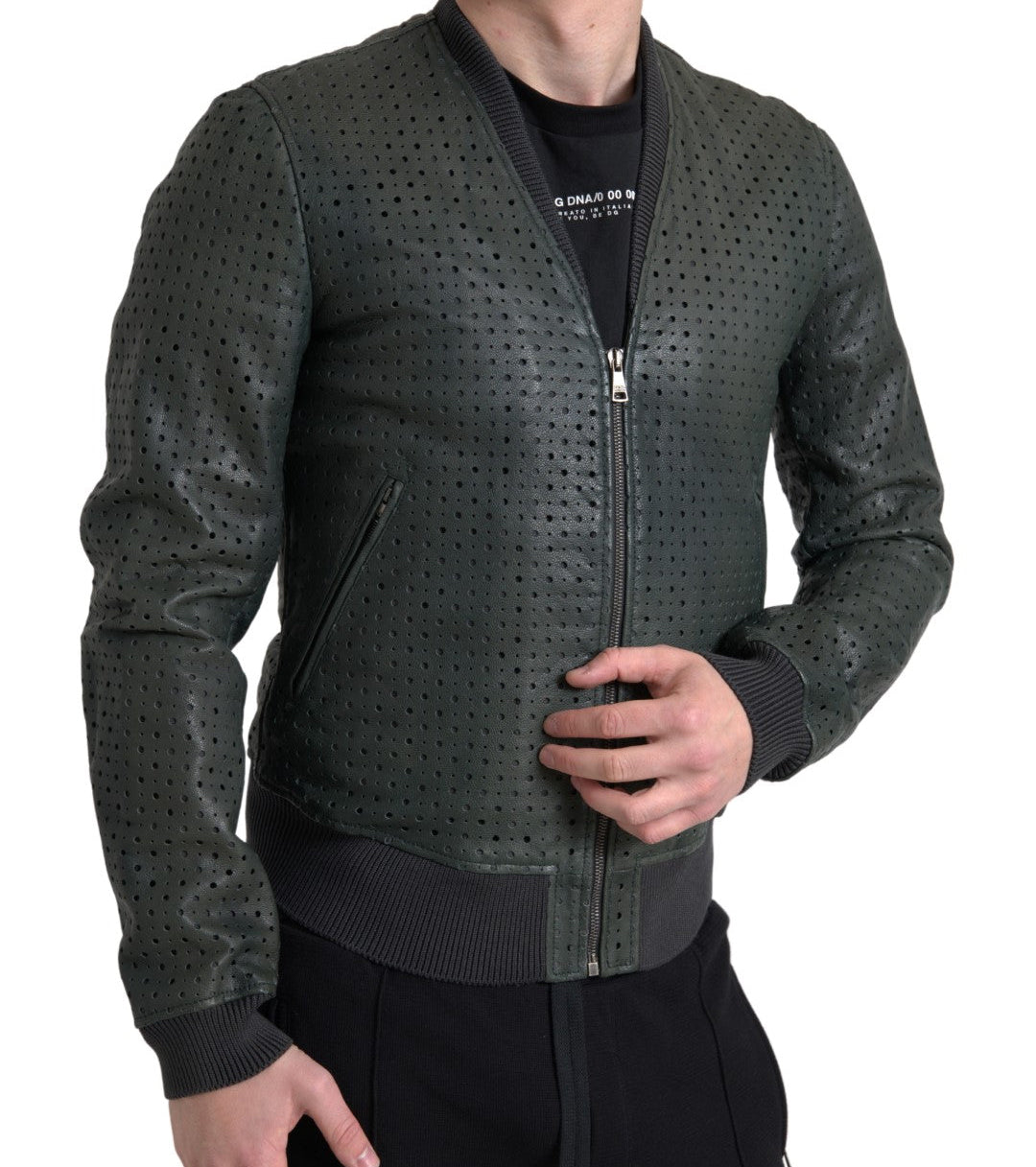 Dolce & Gabbana Perforated Leather Bomber Jacket - Musk Green
