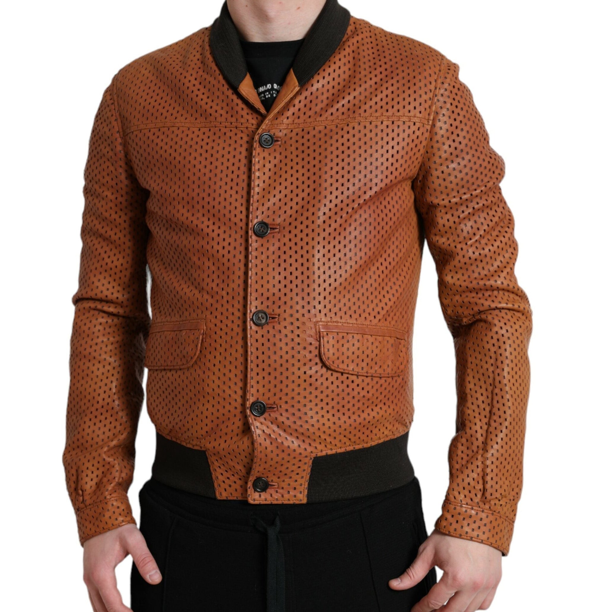 Dolce & Gabbana Perforated Leather Bomber Jacket - Cognac
