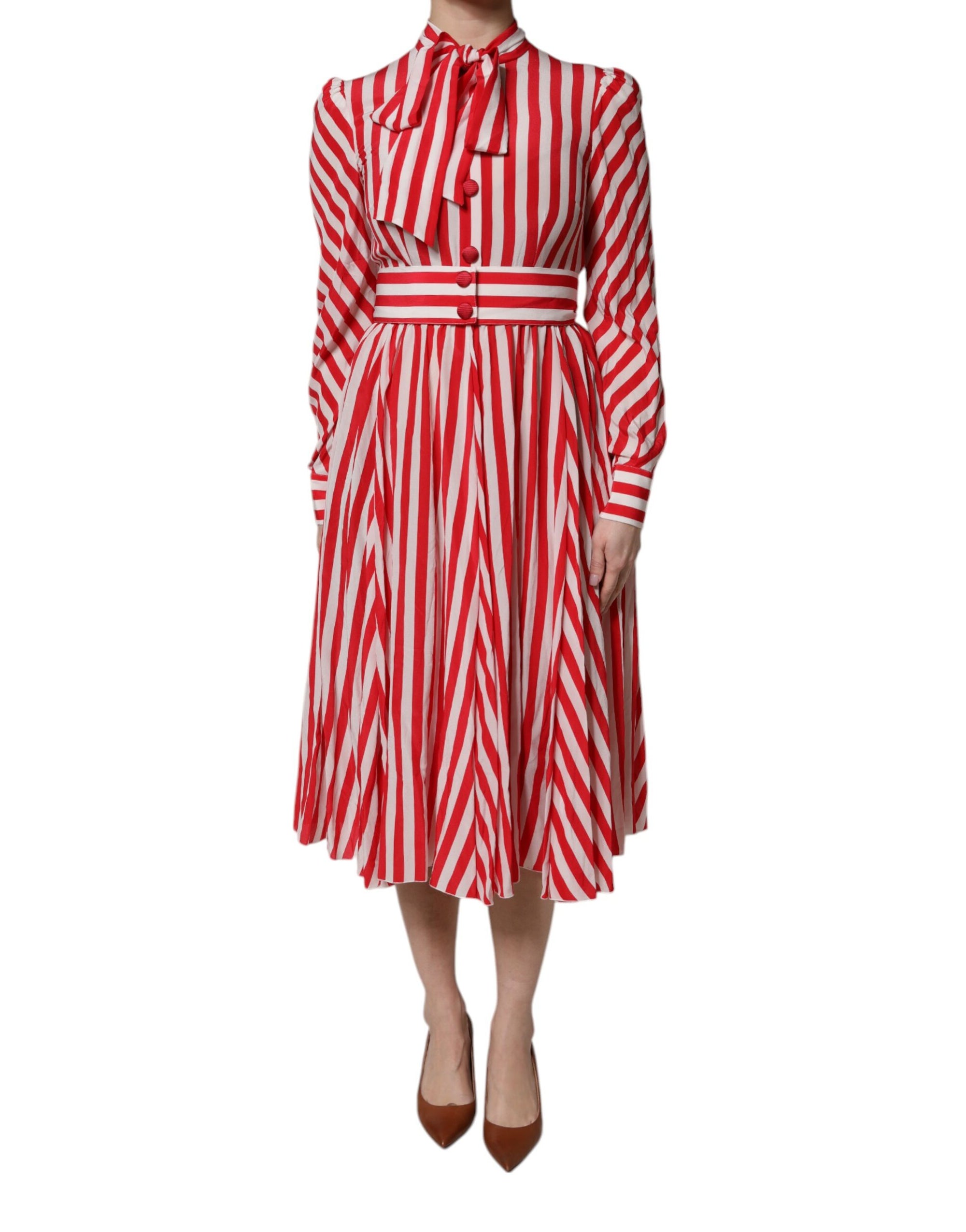 Dolce & Gabbana Red & White Stripe Long Sleeve Midi Dress
