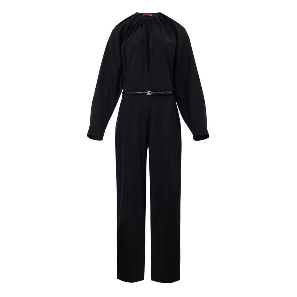 Gucci Black Straight Leg Pants Wool Jumpsuit With GG Leather Belt