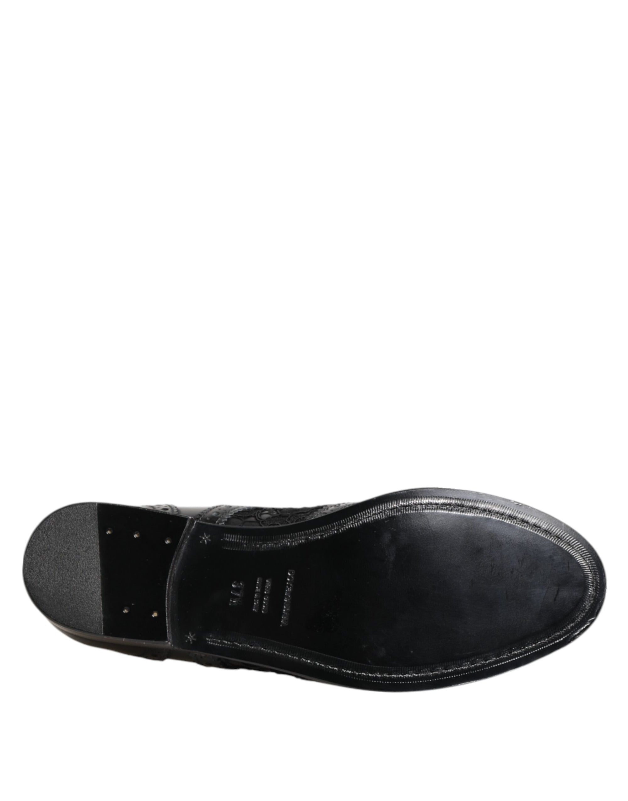 Dolce &amp; Gabbana Black Leather Floral Lace Formal Shoes