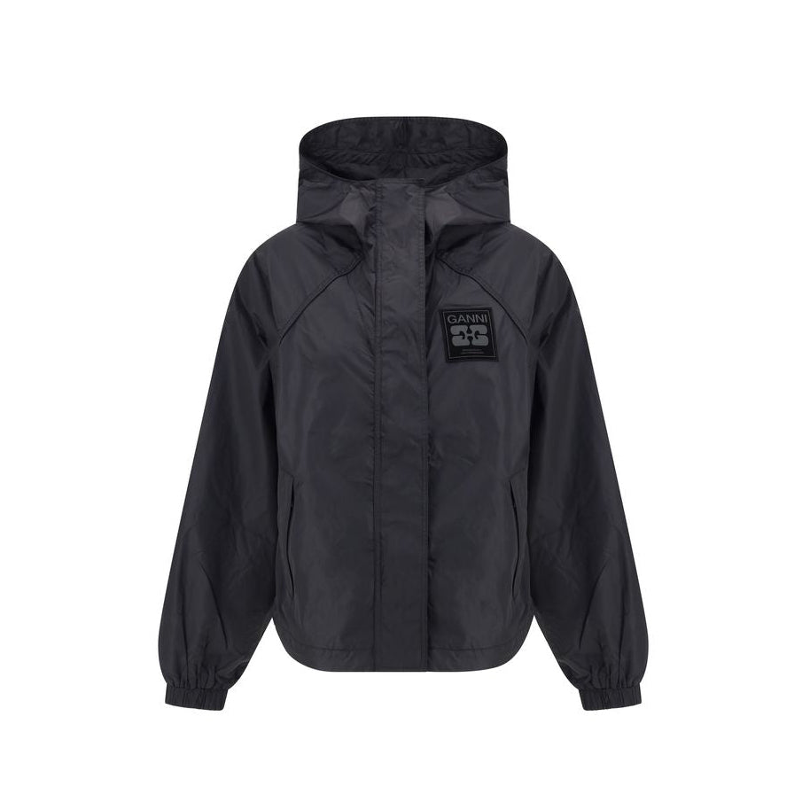 Ganni Logo Hooded Nylon Jacket - Black
