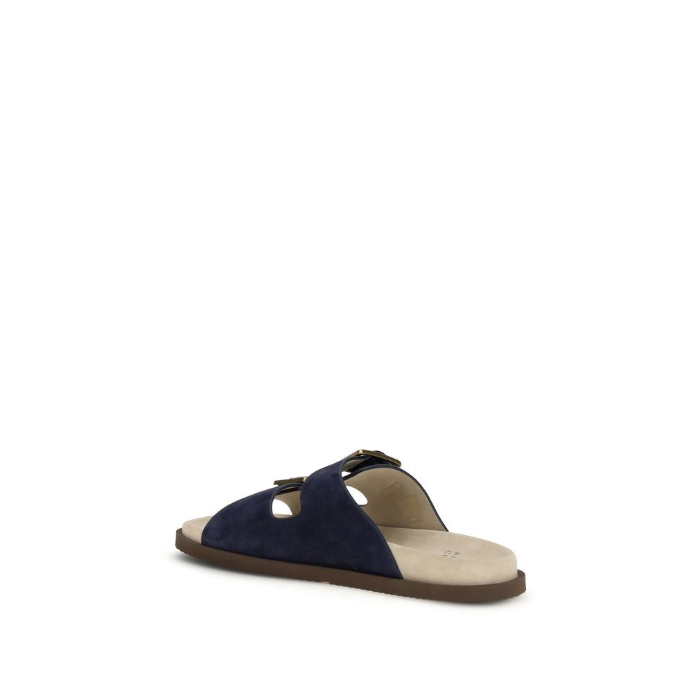 Brunello Cucinelli Black Leather Double Buckle Flat Sandals