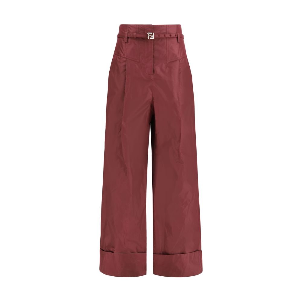 Fendi FF Belt Silk Wide Leg Dress Pants - Bordeaux